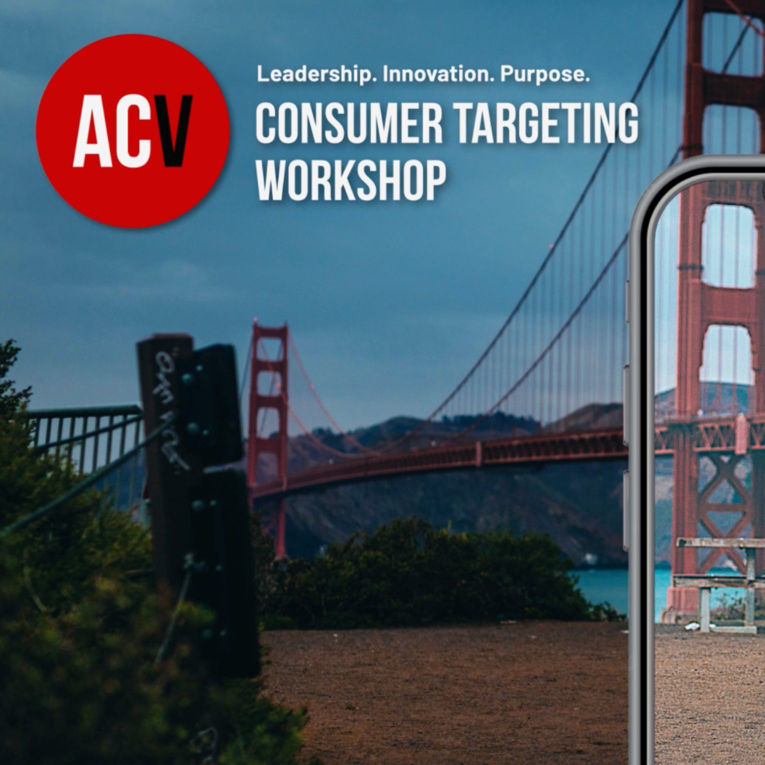 Phone with Golden Gate Bridge in background, ACV Consumer Targeting Workshop text overlay.