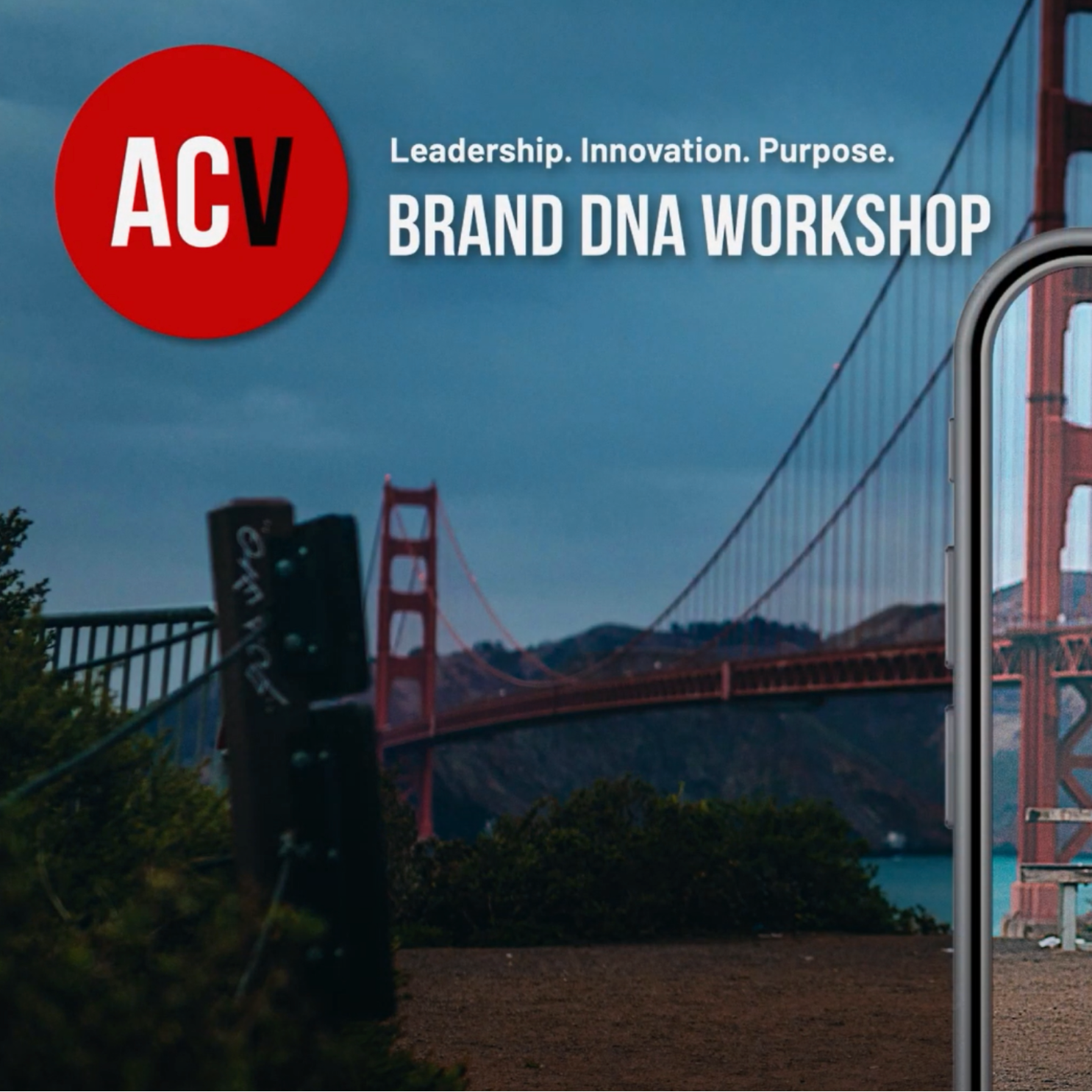 The iconic Golden Gate Bridge with Brand DNA Workshop text overlay.